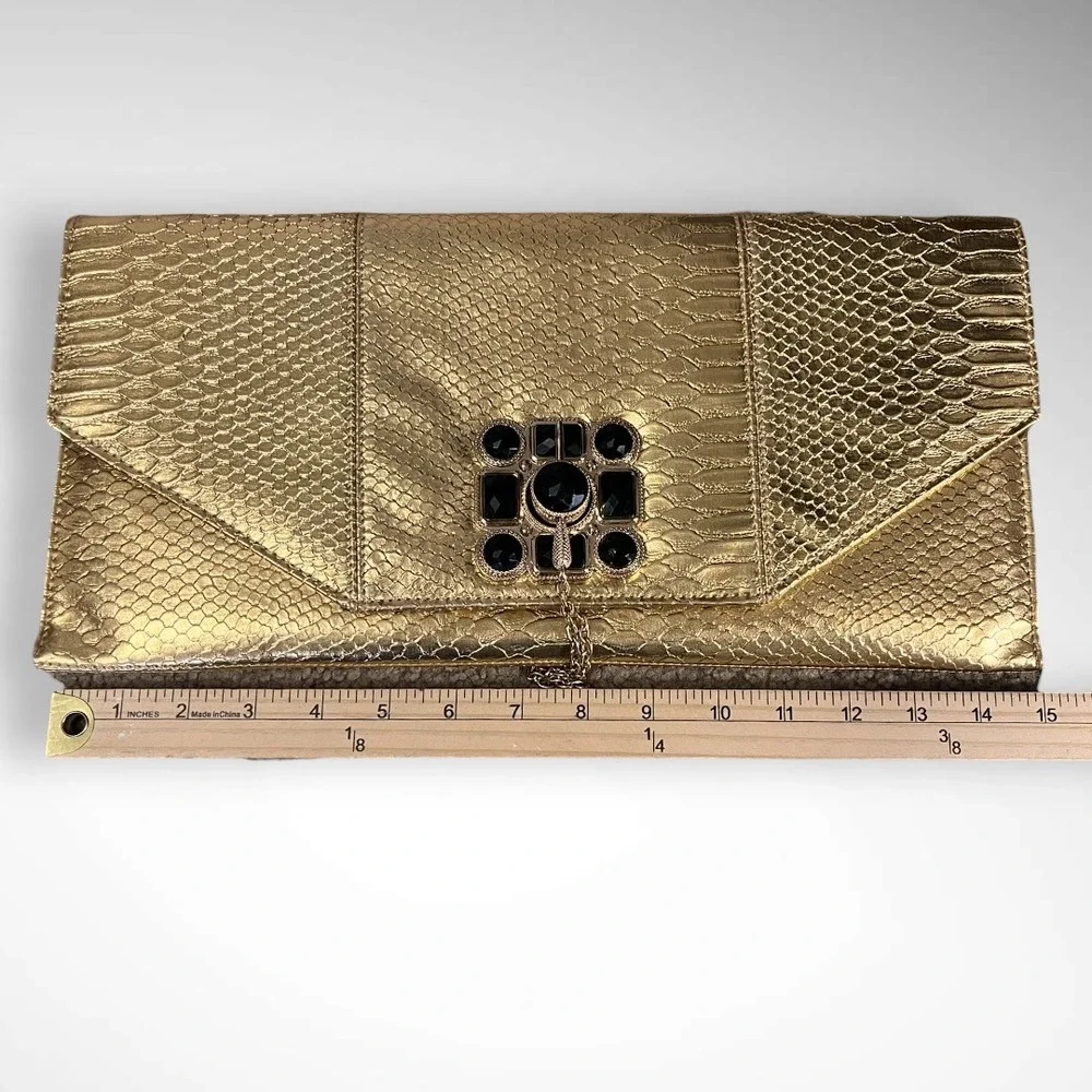 NILA ANTHONY Metallic Gold Large Clutch With Detachable‎ Strap | EUC